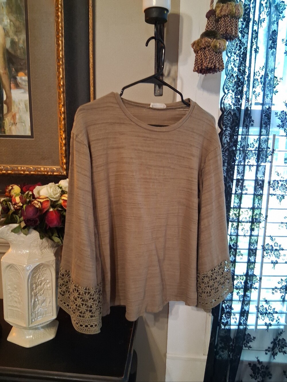 Women's Taupe Bell Sleeve Top with Crocheted Trim 100 Percent Cotton